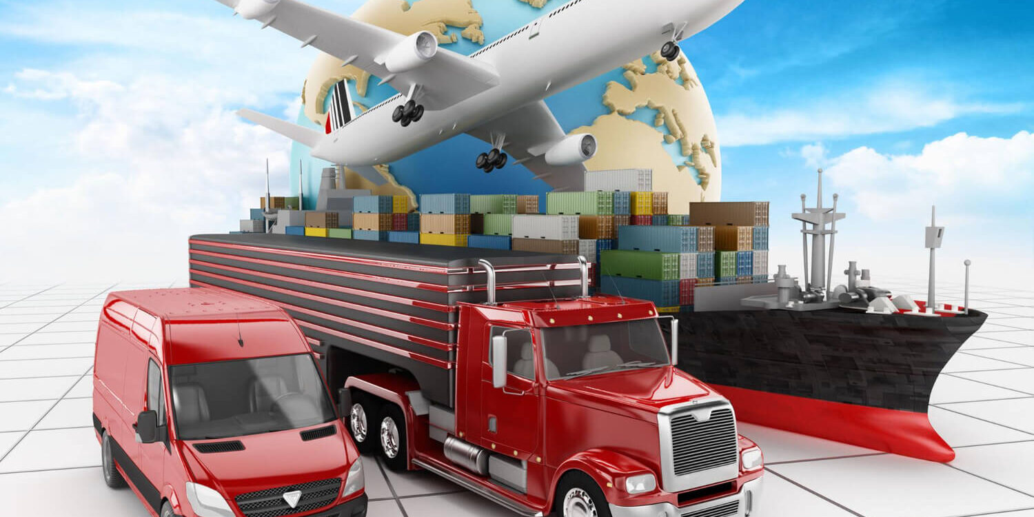globe-airplane-truck-cargo-ship-and-van-global-air-sea-and-road-transportation-concept-3d-illustration