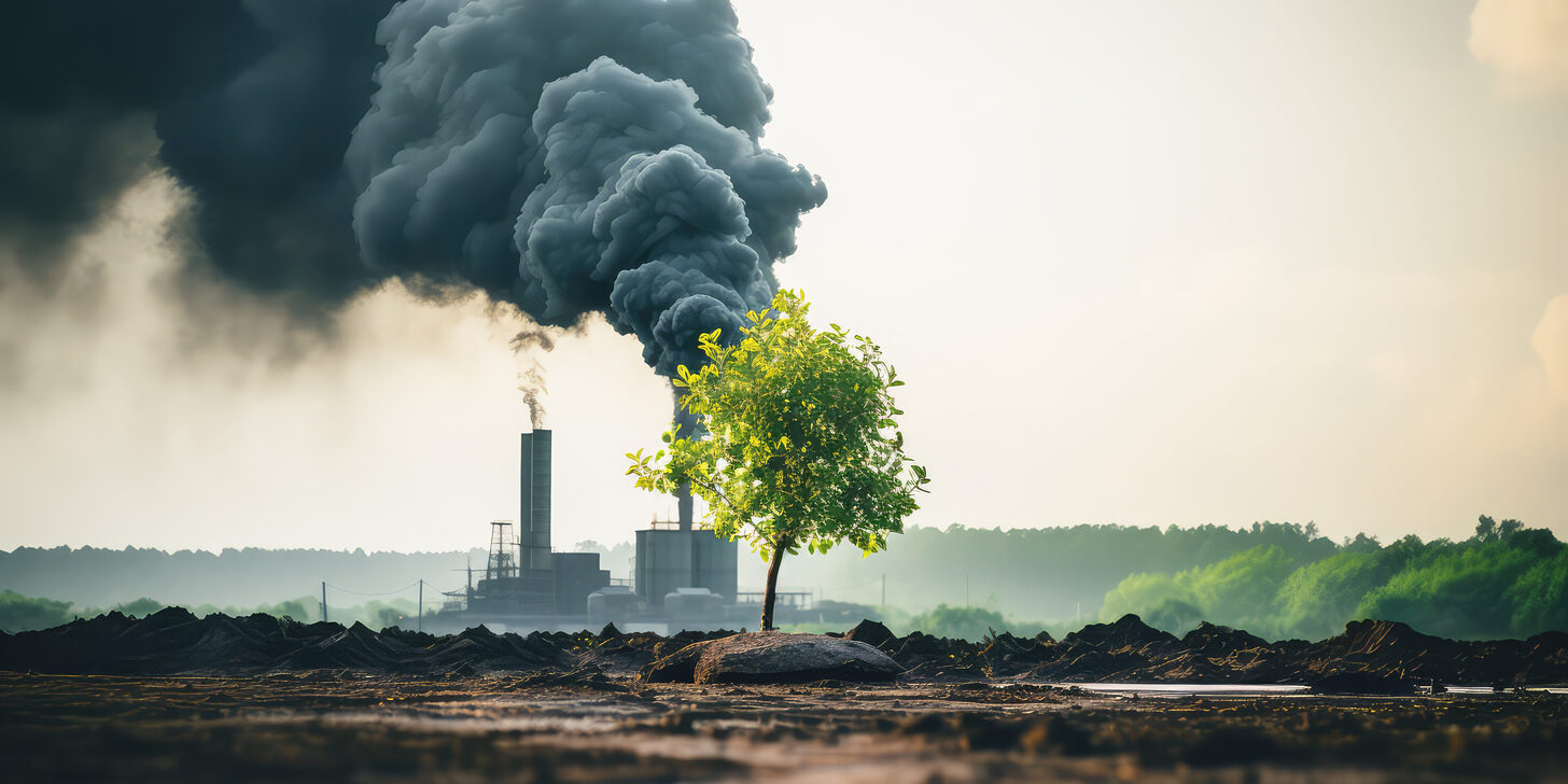 Chemical plant smoke green tree growing environmental problem alert Pollution