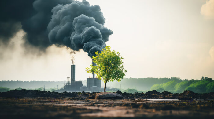 Chemical plant smoke green tree growing environmental problem alert Pollution